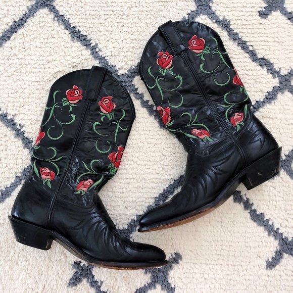 black cowboy boots with red roses